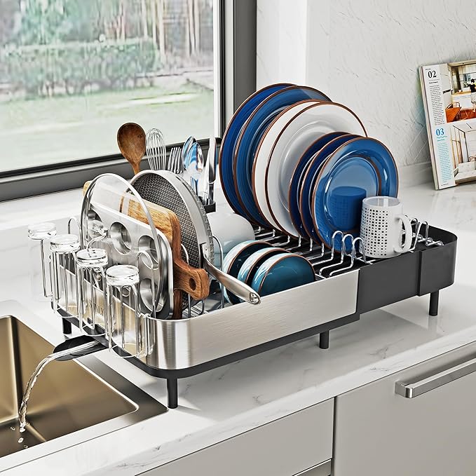SUNLY Expandable Dish Drying Rack, Versatile Brackets for Pots & Pans, Space Saving Kitchen Drying Rack, Dish Racks for Kitchen Counter, Stainless Steel Dish Drainers with Extendable Spout, Black by SUNLYHOME