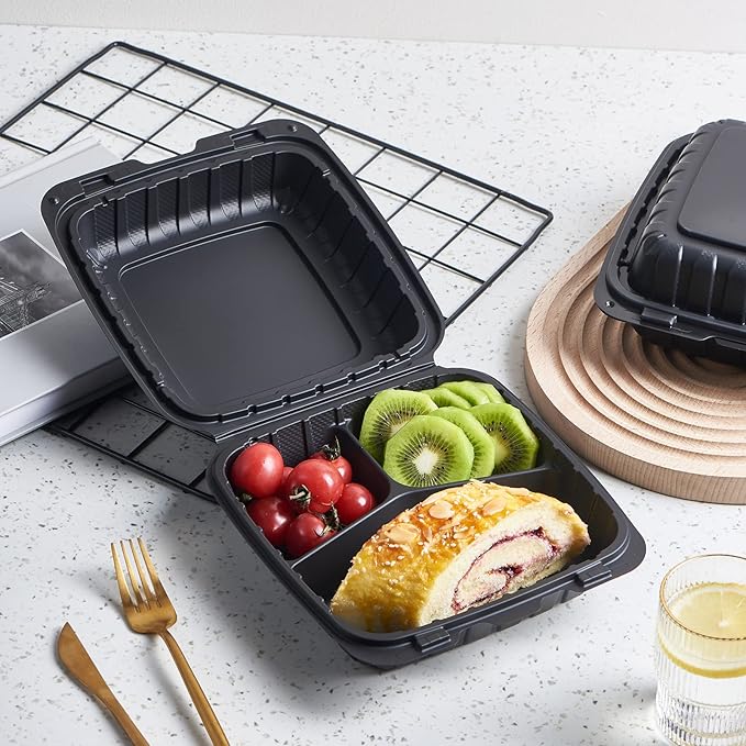 Jaluxing 8X8 3-Compartment 50-Pack Plastic Clamshell Takeout Food Trays Heavy Duty Togo Disposable Box Carryout Meal Prep Packaging Catering Hinged Containers With Secure Snap Lid (Formerly FULING) - Image 3
