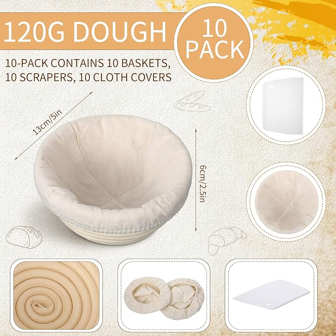 Irenare 10 Pcs Bread Banneton Proofing Basket Round Dough Sourdough Proofing Basket Rattan Bakery Baking Bread Bowl with Liner and Scraper Tool Set for Starter Gifts Professional Home Bakers (5 Inch) - Image 3
