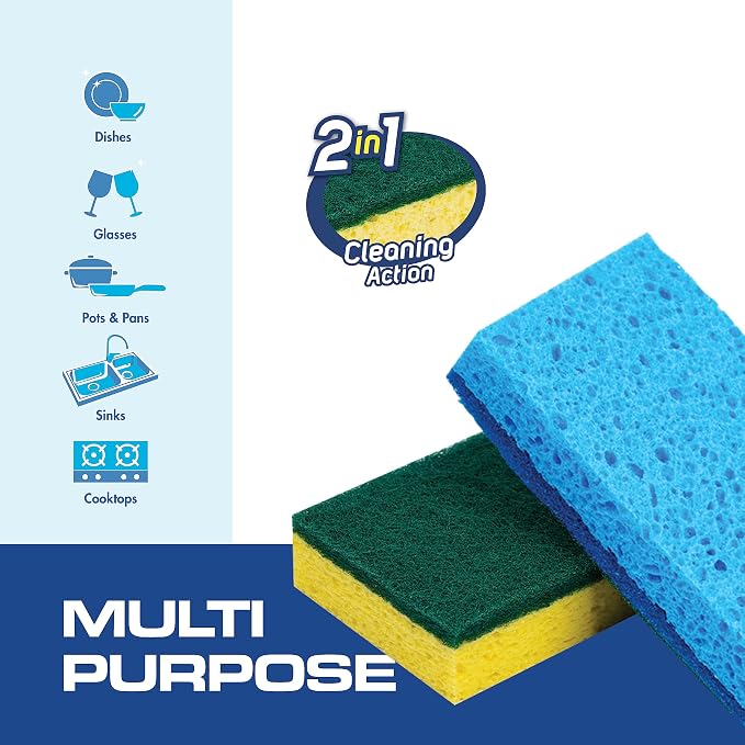 SCRUBIT 48 Pack Kitchen Sponges Dish Sponge for Washing Dishes, Kitchen & Bathroom – Blue & Yellow Dishwashing Sponges Along with A Thought Scrubber – Bulk Cleaning sponges Kitchen (Blue, Yellow) - Image 2