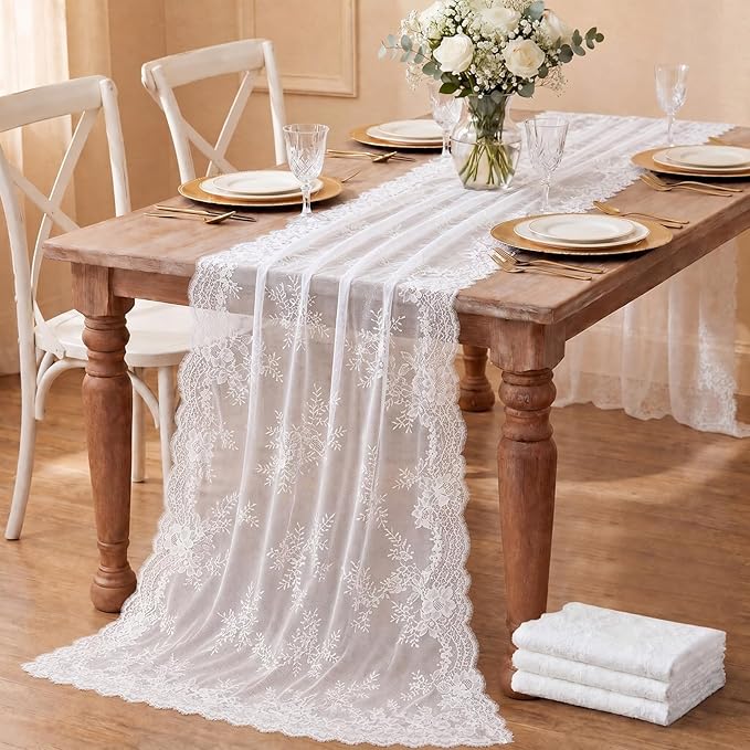 Remagr 3 Pcs White Lace Table Runner 30 x 120 Inch Vintage Rustic Boho Table Runners Embroidered Floral Lace Decor for Wedding Party Bridal Shower Baby Shower by Remagr