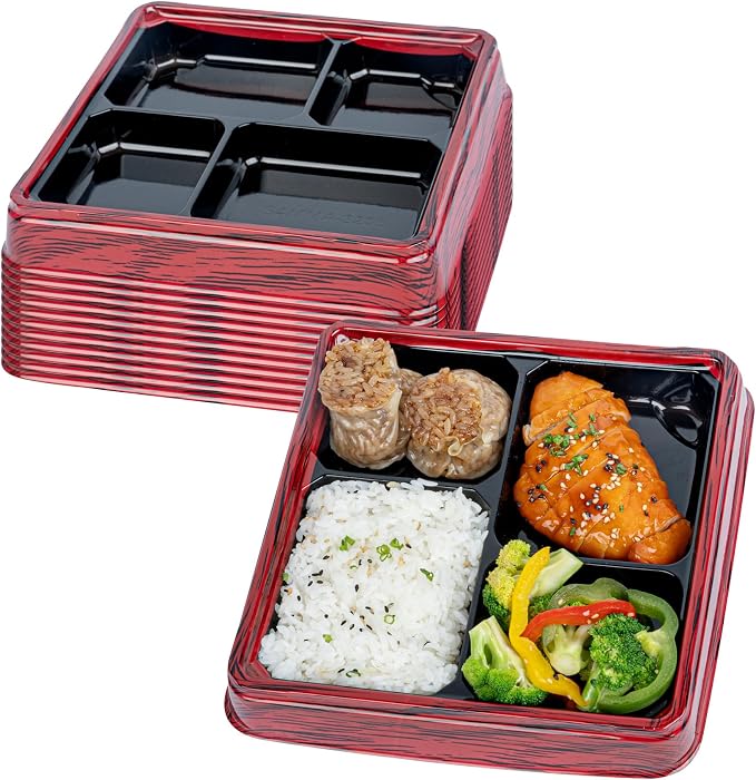 Bento Tek 17.9 Ounce Meal Prep Containers, 50 Disposable To Go Food Boxes - Lids Sold Separately, 4 Compartments, Red And Black Plastic Bento Lunch Boxes, Freezable, For Take Out - Restaurantware - Image 2