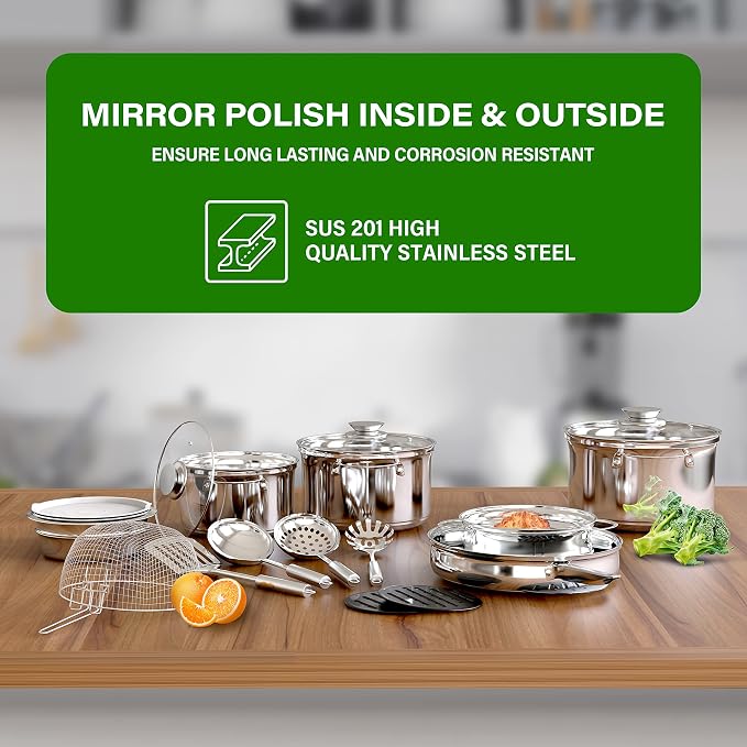 YSSOA 18-Piece Stainless Steel Kitchen Cookware Set, Including Saucepan, Casseroles with Tempered Glass Lid, Frypan, Steamer, Salad Bowl , Fryer Basket, Heat Resistant Mat & Utensils Set, Silver - Image 5