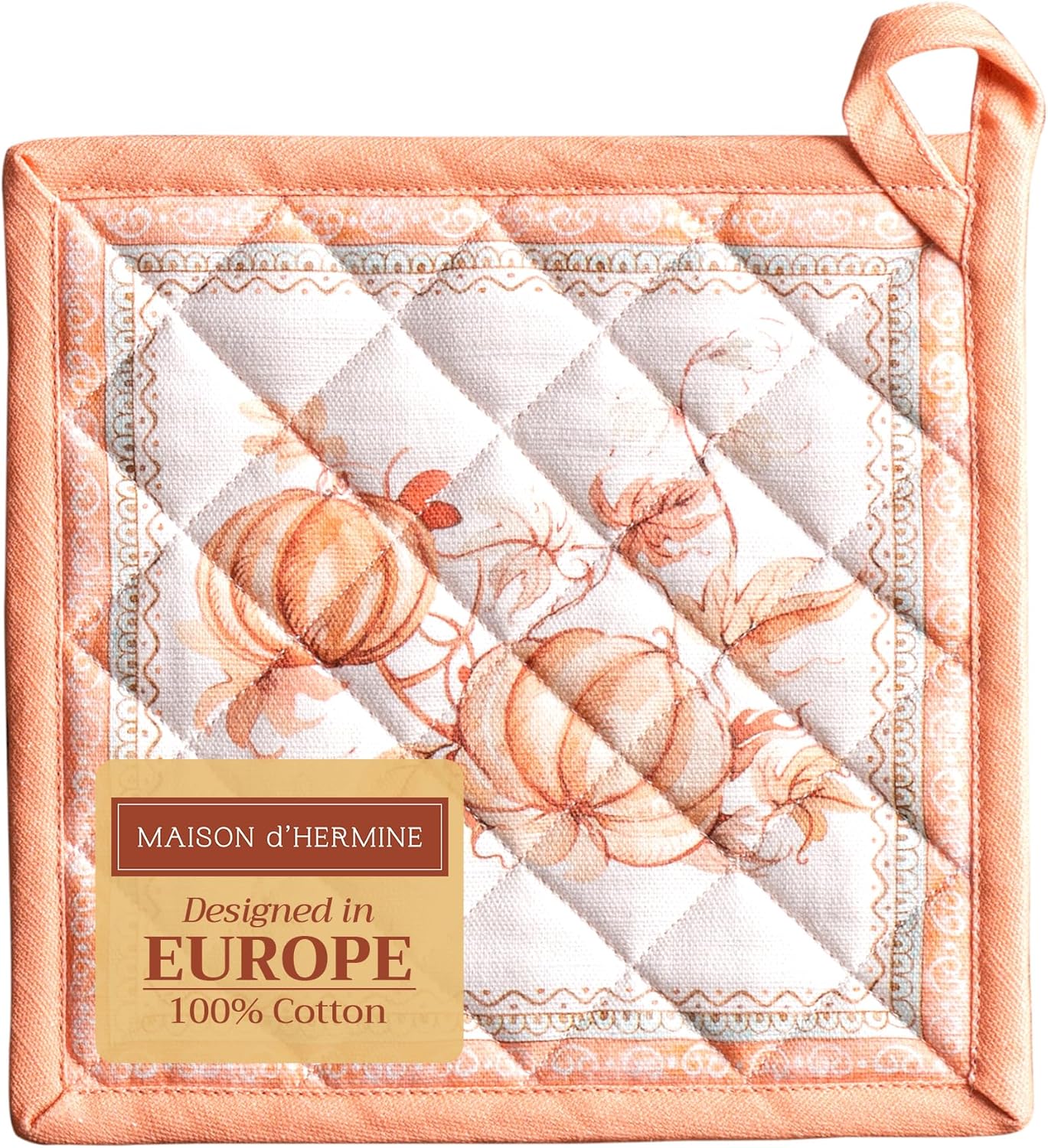 Maison d' Hermine Pot Holders 100% Cotton Heat Resistant Potholders 8" x 8" Hot Pads with Loop BBQ, Cooking, Baking, Grilling, Kitchen, Handling Hot Pans (Pack of 1, Giving Thanks)