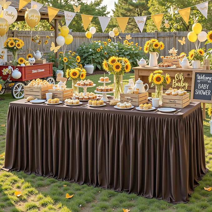 Wish Care Brown Polyester Table Clothes for 4 Foot Rectangle Tables, Wrinkle Free Fitted Table Cover with Pleated Ruffle Table Skirt for Birthday Party Wedding Trade Show Event Display - Image 4