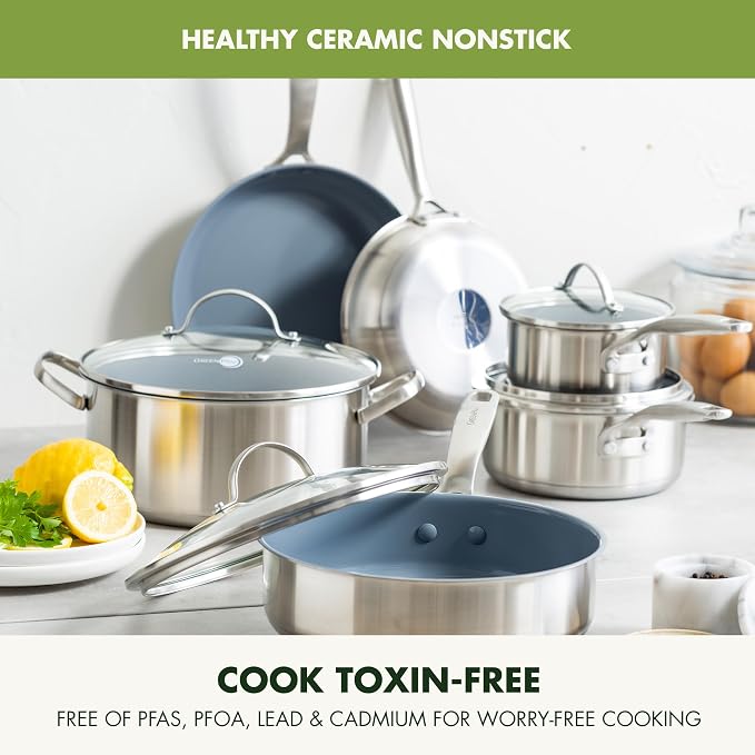 GreenPan Treviso 10 Piece Cookware Set, Non-Toxic PFAS-Free Stainless Steel Ceramic Nonstick Coating, Induction Suitable, Pots, Pans Lids, Sauté & Saucepans, Multi Clad, Dishwasher & Oven Safe - Image 5