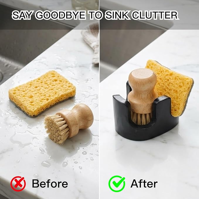 Black Marble Sponge Holder for Kitchen Sink, 2-in-1 Natural Stone Sponge & Brush Holder with Raised Edge, Keeps Countertops Dry, Heavy & Stable, Non-Slip Base, Modern Luxury Kitchen Decor - Image 5