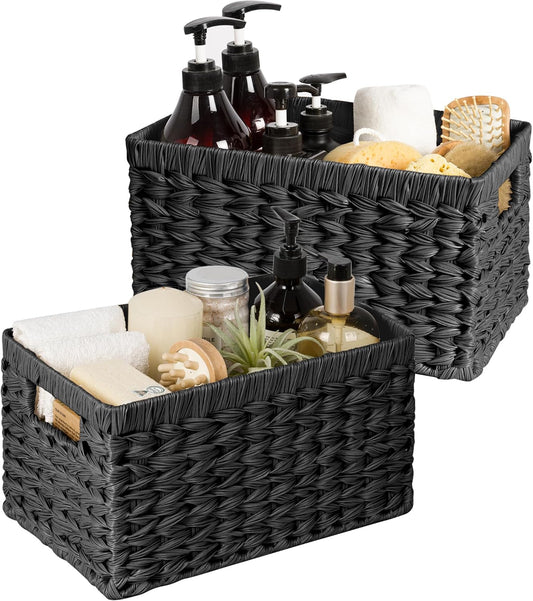 GRANNY SAYS Wicker Basket, Decorative Woven Baskets for Storage, Waterproof Storage Basket Organizer, Wicker Storage Basket for Organizing, 2-Pack, Black