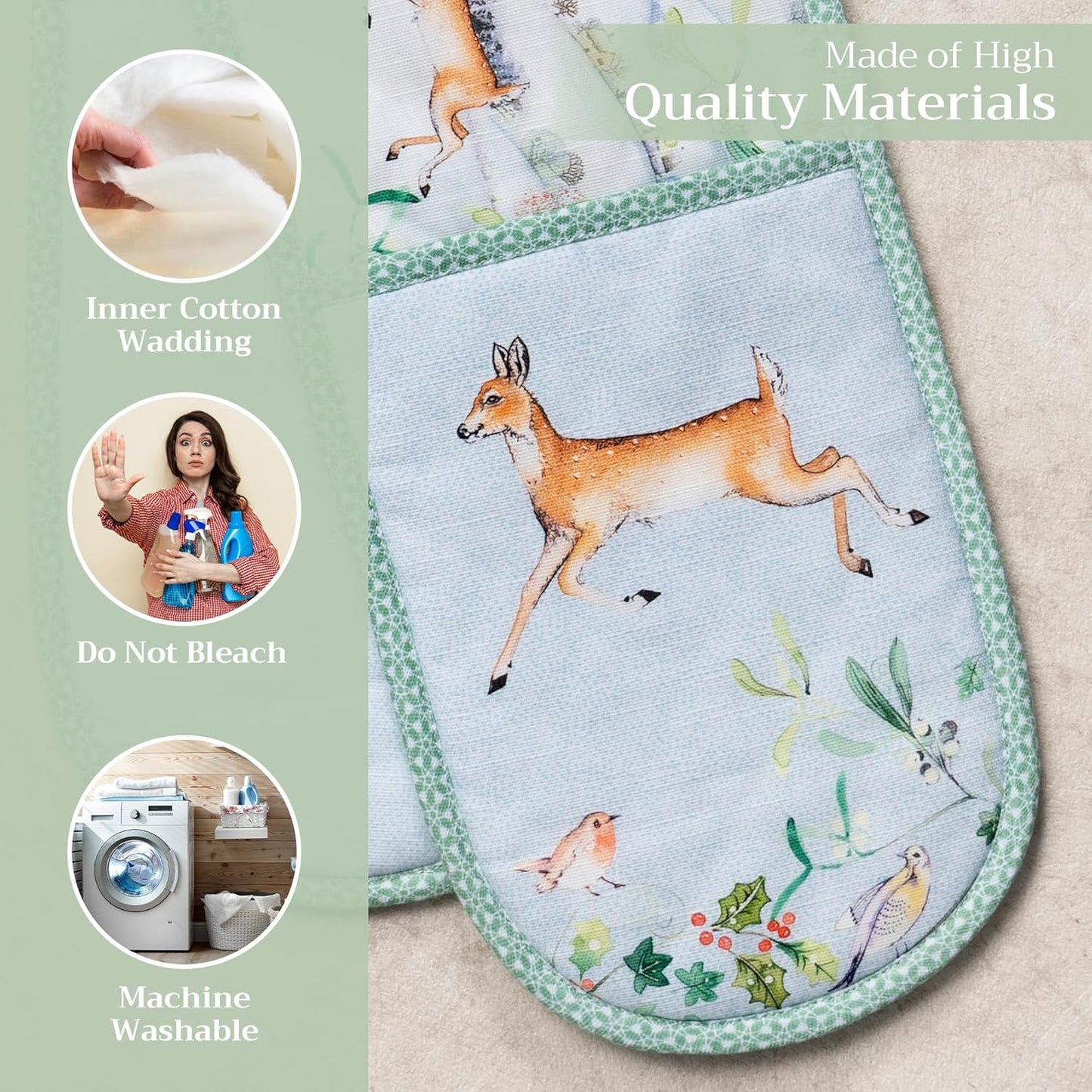 Maison d' Hermine Double Oven Mitts 100% Cotton 7"x35" Double Oven Mitt Heat Resistant BBQ Cooking Gloves with Loop, Baking, Grilling, Home, Kitchen, Handling Hot Pans (Snowy World)