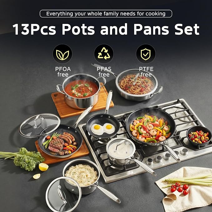 13Pcs Nonstick Pots and Pans Set Stainless Steel Cookware Sets - Image 2