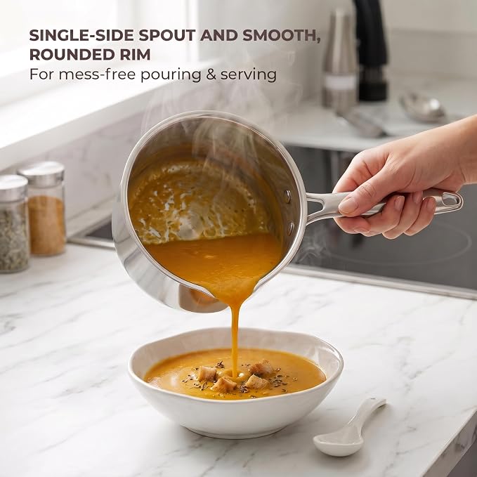 SUNHOUSE 3QT Stainless Steel Saucepan with Pour Spout & Strainer Glass Lid - Image 5