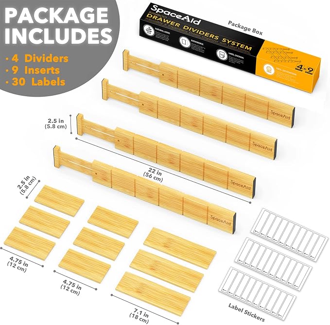 SpaceAid Bamboo Spice Drawer Organizer and Bamboo Drawer Dividers with Inserts and Labels, Kitchen Adjustable Drawer Organizers - Image 7