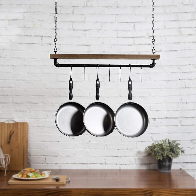 MyGift 30 Inch Ceiling or Wall Mounted Pot Rack with Rustic Brown Solid Wood Shelf and Industrial Matte Black Metal Pipe, Hanging Cookware Utensils Organizer with 8 S-Hooks | Solid Wood Shelf, Industrial Pipe Design, Eight S Hooks, Ceiling or Wall Moun... - Image 3