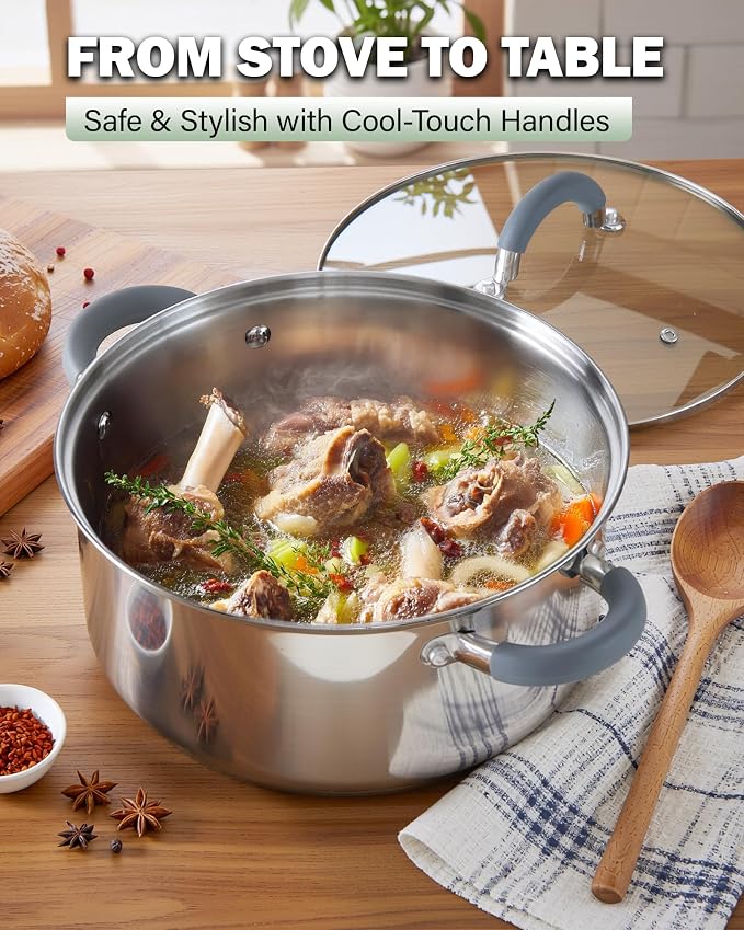 Cook N Home Basics 8 Quart Stainless Steel Stock Pot with Lid, Cooking Pot for Pasta, Soup, Stay-Cool Silicone Handle, Stockpot with Even Heating, Oven Safe, Cookware for Canning, Boiling, Simmer - Image 3