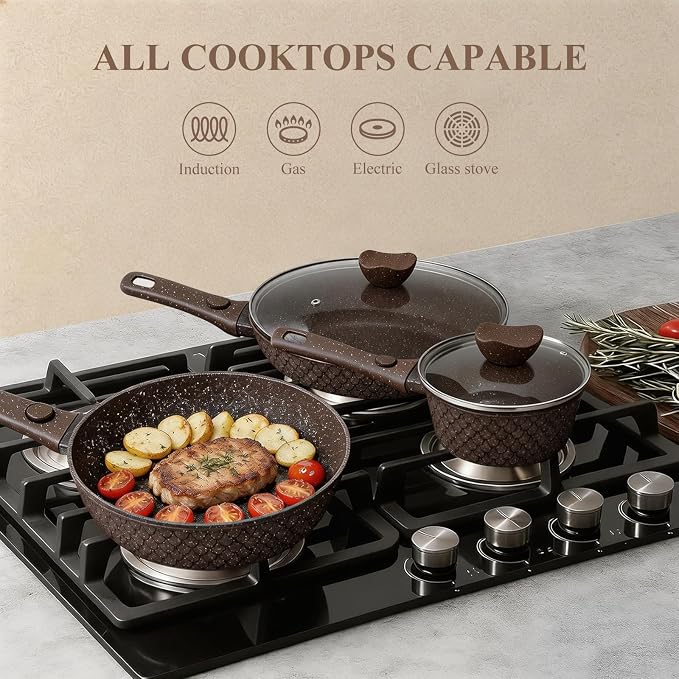 15-Piece Pots and Pans Set, Non Stick with Detachable Handle, Nonstick Cookware Sets, Kitchen Cooking Set, Camping Cookware, Dishwasher & Oven Safe, Brown（Fish Scale Shaped) - Image 3