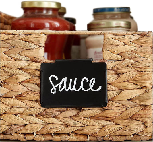 8 Pack Metal Pantry Baskets Labels Clip On for Storage Bins with 2 White Chalk Markers, Organization and Storage Baskets Labels Clips, Kitchen Bins Tag Chalkboard Labels for Baskets