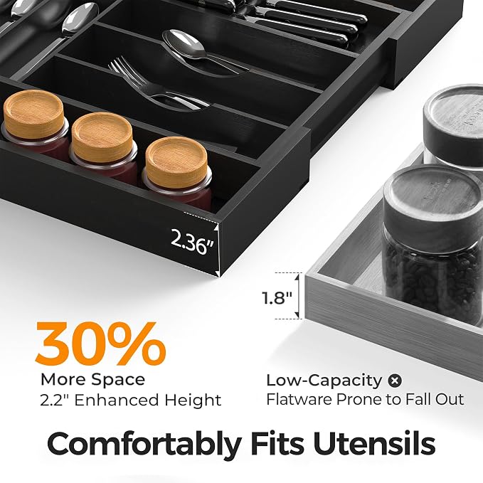 Bamboo Silverware Drawer Organizer, 6-8 Slots Kitchen Drawer Tray | 13"-21.69" Expandable, Utensil Holder & Cutlery Tray with Removable Knife Block, Hold 7 Knives, 2.36" Deep for Extra Capacity - Image 4
