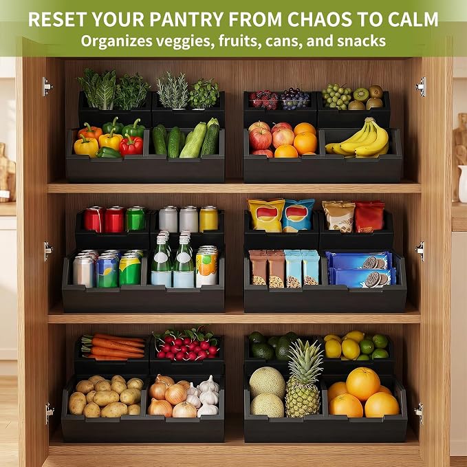 Bamboo Pantry Storage Bins Set, Potato and Onion Storage Bin for Countertop | Open Front Storage Bins, Large Capacity, Stackable Design, Cut-out Handles, FSC-certified Bamboo, No Assembly, Black - Image 3