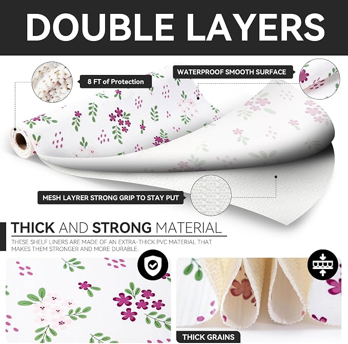 RAY STAR 18 Inch x 8 Ft Shelf Liner for Kitchen Cabinets, Non-Adhesive Cabinet Liner Washable, Drawer Liner for Dresser Non-Slip Bathroom [White Pink Floral](2 Rolls) - Image 5