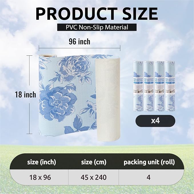FIFTY FEET 18X96 Inch Shelf Liner for Kitchen Cabinets, PVC Drawer Liner for Dresser Non-Slip Bathroom, Non-Adhesive Cabinet Liner Washable (Blue Flower)(4 Roll) - Image 3