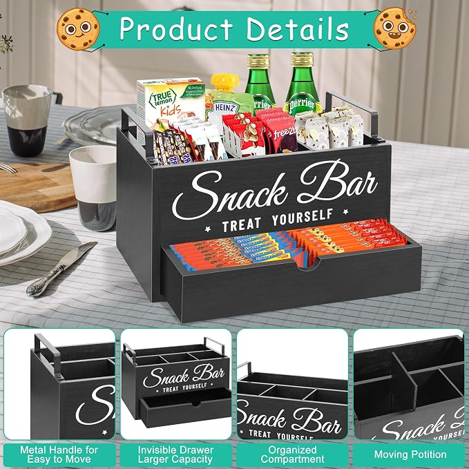 Snack Organizer for Countertop, Wood Pantry Storage Bins with Handles, Snack Bar Organizer for Kitchen, Office, 4 Compartment Food Container Snack Box with Drawer, Pantry Organizer for Chips, Candy - Image 6