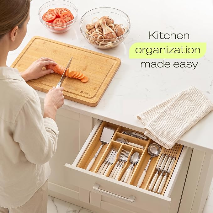 Drawer Organizer for Kitchen Organization – Expandable Bamboo Silverware Drawer Organizer with Removable Knife Block, Bamboo Cutlery, Non-Slip Utensil Organizer with 7-Slot Knife Storage for Flatware - Image 9