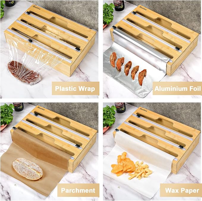 Foil and Plastic Wrap Organizer, Basima Bamboo Plastic Saran Wrap Dispenser with Cutter, 3 in 1 Aluminum Foil, Parchment and Wax Paper, Organization and Storage for Kitchen Drawer for 12" Roll - Image 6