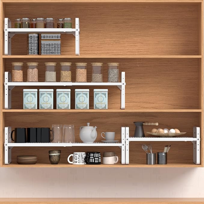 Expandable Cabinet Shelf Organizer Adjustable Metal Spice Rack Stackable Freestanding Counter Storage Shelves for Kitchen Cabinet Under Sink Office Desk (White - 2Pack - L16.5-27'' * W10.2'' * H9.6'') - Image 4