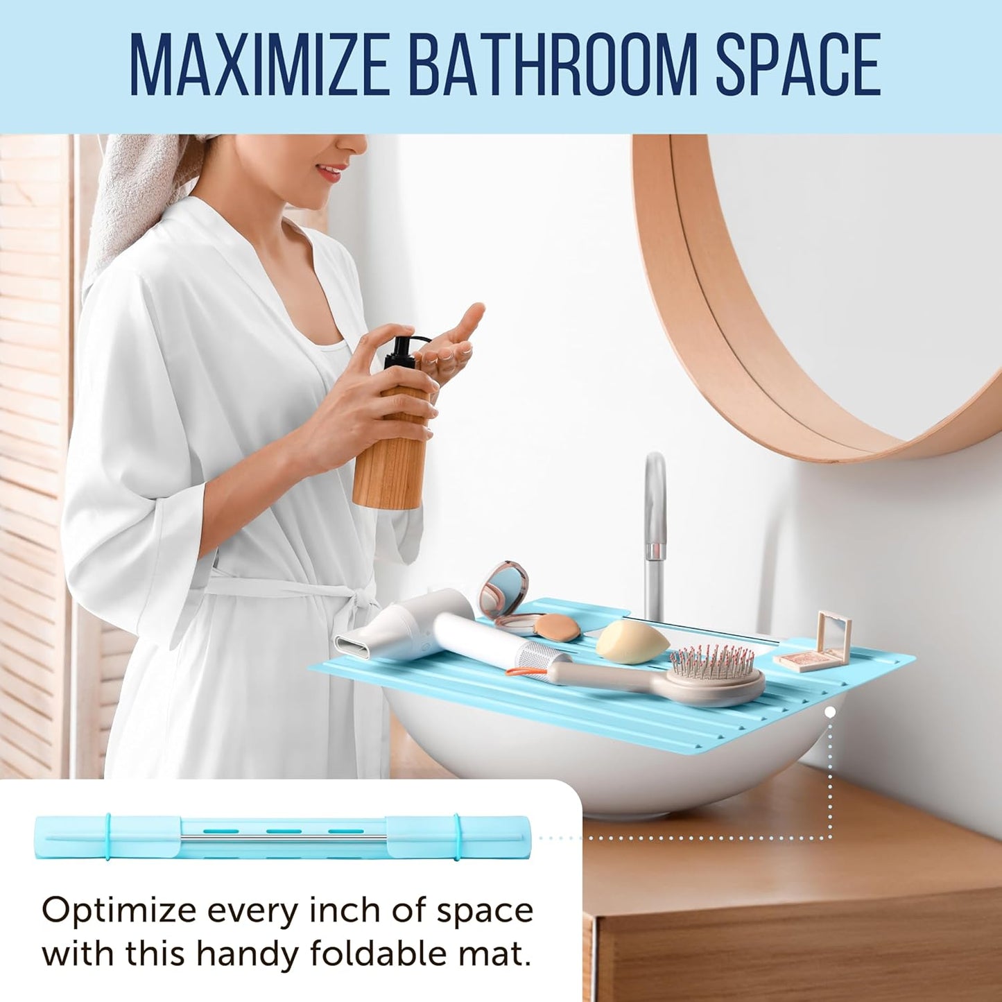 Maplefield Bathroom Sink Cover for Counter Space, Heat Resistant Silicone Sink Mat for Your Beauty Routine, Small Bathroom Space Saver Sink Cover for Makeup (Light Blue Large, 22 x 2 x 2 Inches)