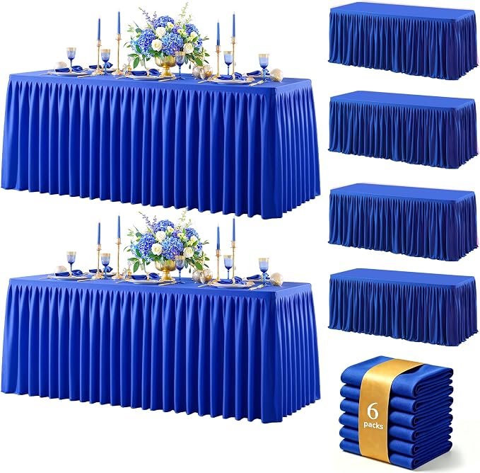Royal Blue Polyester Table Cloths for Rectangle 8 Foot Tables, 6 Pack Wrinkle Free Tablecloths Stretchy Banquet Ruffle Fitted Table Cover Desk Skirt for Parties Wedding Birthday Baby Shower by Unknown