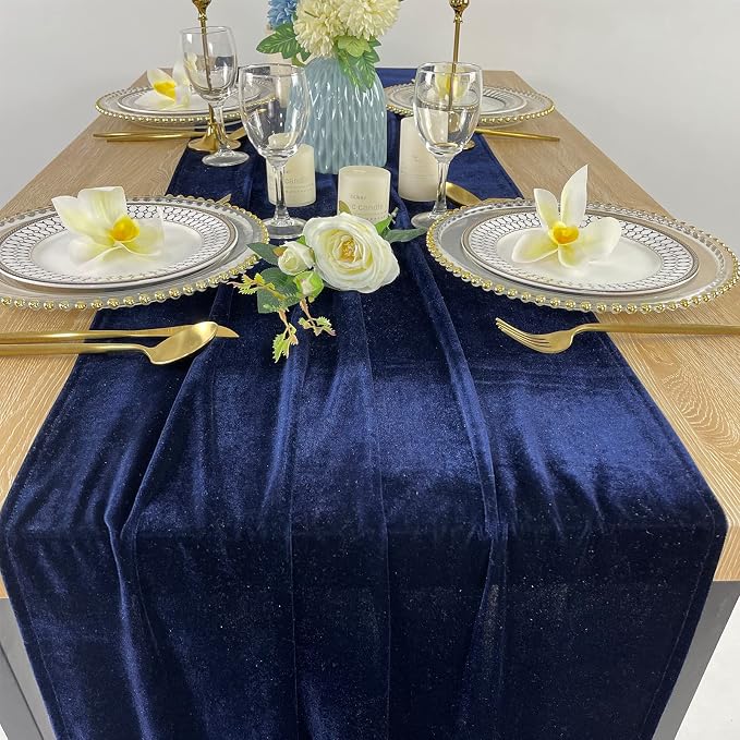Luxurious Velvet Table Runner, 10ft Wedding Reception Decorations, 20x120inch Soft Velvet Fabric, Table Linen Overlay, Wedding Table Runners (Navy Blue, 20X120inch) - Image 3