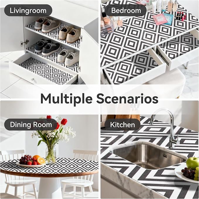 FIFTY FEET 12"x120" Non-Adhesive Shelf Liner for Kitchen Cabinets and Drawers, Washable Non-Slip PVC Cabinet Liner (Black Plaid)(8 Roll) - Image 8