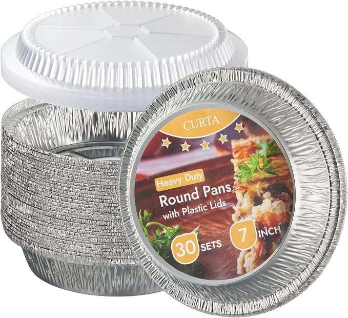 CURTA 7" Round Aluminum Foil Pans with Clear Lids | Heavy Duty | Great for Broiling, Baking, Storage, Roasting, Takeout, Air Fryer | 30 Pack by CURTA