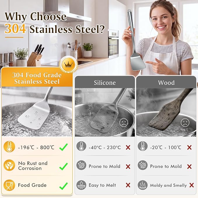 304 Stainless Steel Slotted Spoons for Cooking, Skimmer Ladle, Heavy Duty Sturdy Large Strainer Spoon with Hanging Hole, Heat Resistant Metal Kitchen Utensil, Ergonomic Handle, Dishwasher Safe - Image 4