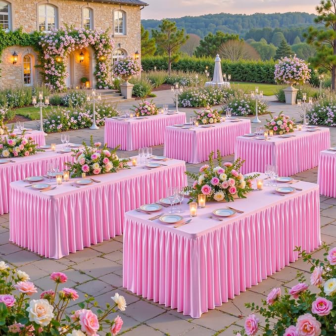 Pink Polyester Table Cloths for Rectangle 8 Foot Tables, 6 Pack Wrinkle Free Tablecloths Stretchy Banquet Ruffle Fitted Table Cover Desk Skirt for Parties Wedding Birthday Baby Shower - Image 2