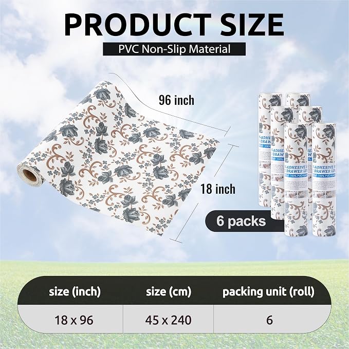 FIFTY FEET 18X96 Inch Shelf Liner for Kitchen Cabinets, PVC Drawer Liner for Dresser Non-Slip Bathroom, Non-Adhesive Cabinet Liner Washable (Black Floral)(6 Roll) - Image 3