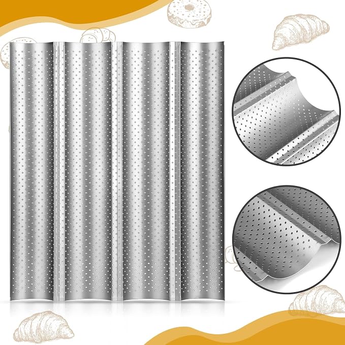 Mifoci 6 Pcs Baguette Bread Pan Nonstick Perforated Baguette Pan 15" x 13" Carbon Steel Mold 4 Wave Loaves Loaf Oven Tray for Sourdough French Bread Baking(Silver) - Image 4