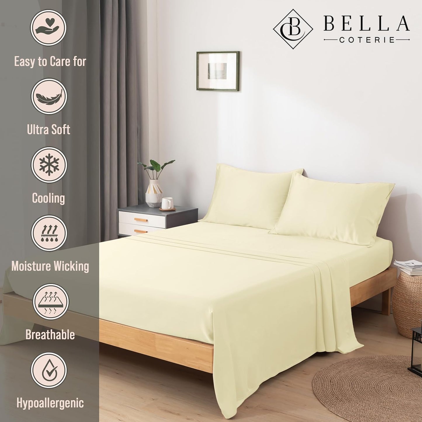 Bella Coterie Luxury Bamboo Viscose Split King Size Sheet Set | 100% Organically Grown | Ultra Soft | Cooling for Hot Sleepers | 18" Deep Pocket [Lemonade]