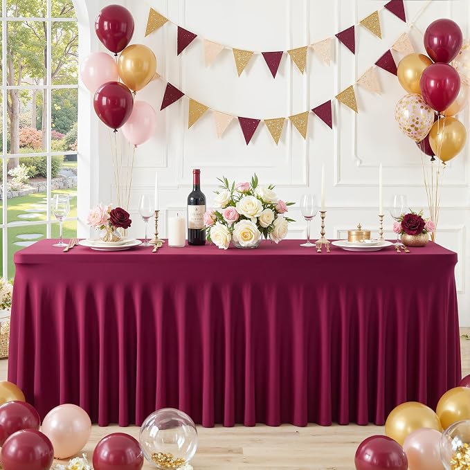 Besutolife 4 Pack Burgundy Table Cloths for 8 Foot Rectangle Tables, Wrinkle Free Fitted Spandex Table Covers 8ft, Stretch Tablecloth with Skirt for Wedding Birthday Banquet Parties - Image 2