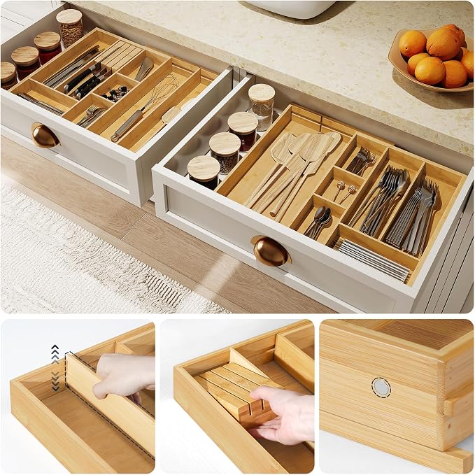 HOOBRO Large Silverware Organizer Kitchen Drawer Organizer, Magnetic Connected Expandable Utensil Organizer From 22.8 to 35.4 Inches, Bamboo 16 Slots Cutlery Tray with Knife Holder, Natural YL07TL01 - Image 7