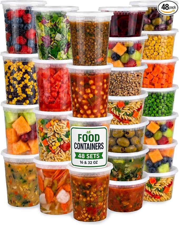 48 Sets Plastic Food Storage Deli Containers w/ Lids 16oz Pint & 32oz Quart | Leak Proof, Microwaveable, Dishwasher & Freezer Safe - Plastic Food Storage, Meal Prep, Restaurant & Soup Containers by JoyServe