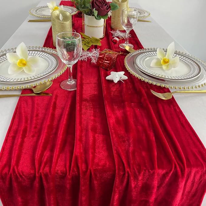 Luxurious Velvet Table Runner, 10ft Wedding Reception Decorations, 20x120inch Soft Velvet Fabric, Table Linen Overlay, Wedding Table Runners (Red, 20X120inch) - Image 4
