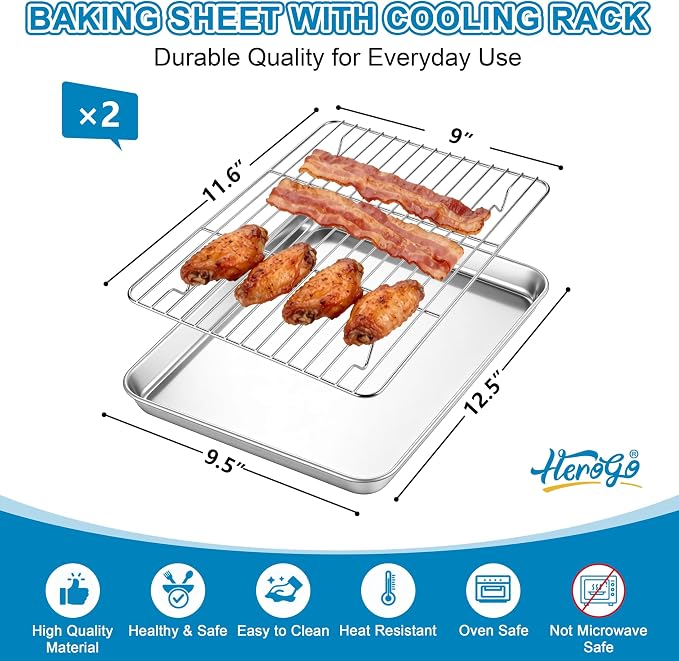 Herogo Stainless Steel Quarter Sheet Pan with Wire Rack Set(2 Pans + 2 Racks), 9 x 13 x 1 Inches Metal Baking Tray Set for Cooking & Roasting, Nontoxic & Easy Clean - Image 2