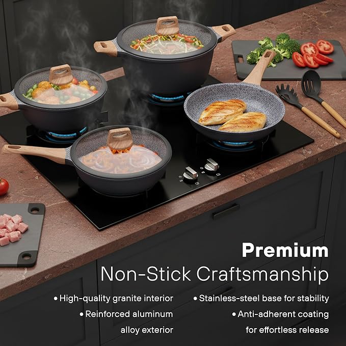 Kochstelle 10pcs Pots and Pans Set Nonstick with Wood Handles, Granite Cookware Set, Frying Pan, Saucepan and 3 Cooking Utensils - Image 7