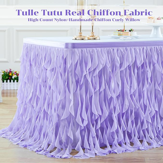 Partisky Lavender Purple Tulle Curly Willow Table Skirt for Rectangle Table 9ft, Ruffle Tutu Table Cloth for Girls Boys Baby Shower,Mermaid Birthday Party - Image 4