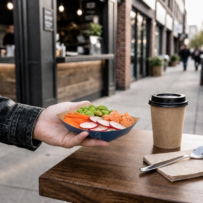 Restaurantware-Bio Tek 3.3 x 2 x 1.4 Inch Paper Boats, 400 Disposable #50 Food Trays - PE Lining, Durable, Frenchie Design Paper Food Baskets, For Concession Stands, Picnics, or Fairs, Stackable - Image 5