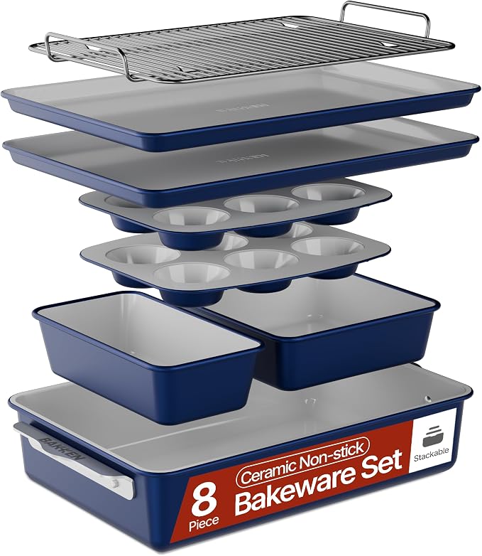 Bakken 8-Piece Stackable Bakeware Set - Ceramic Non-Stick Coating, Baking Sheets, Assorted Baking Pans, PTFE, PFOA & PFOS Free - Healthy Baking, Ergonomic Handles, Cooling Rack, Non-Toxic, Oven-Safe by Unknown