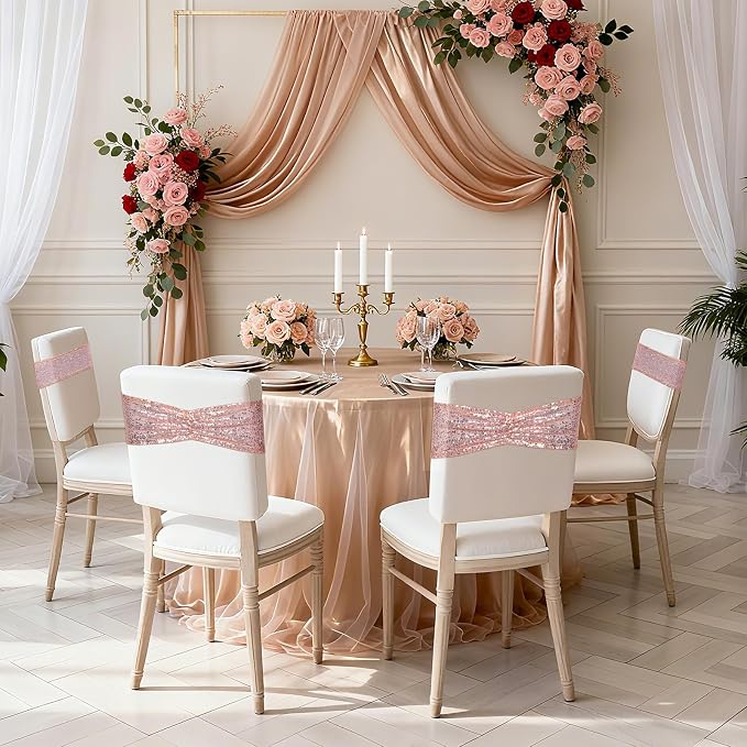 SquarePie Rose Gold Sequin Chair Sashes Bows 120 Pcs Glitter Chair Back Cover Ties Bands for Wedding Banquet Party Decor - Image 4