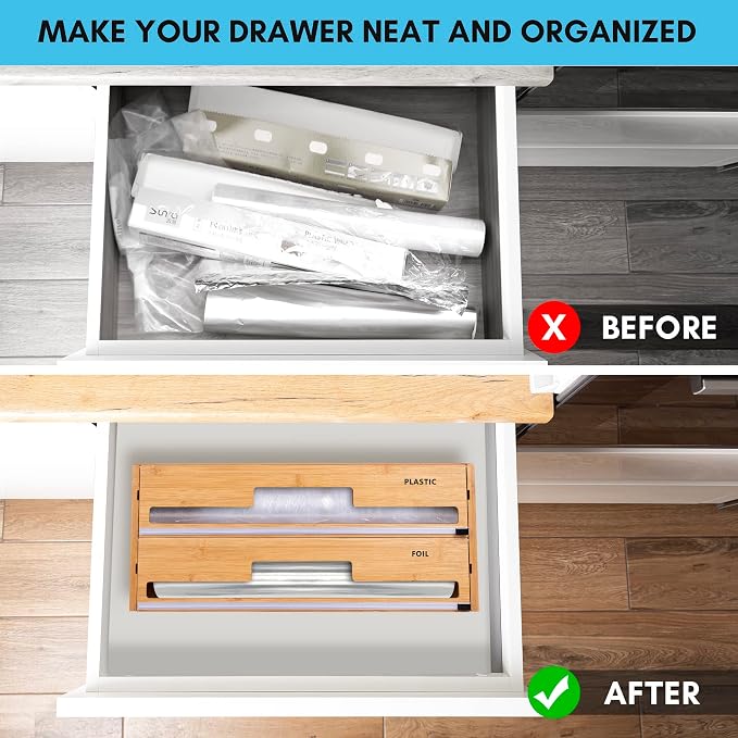 18 Inch Large Foil Wrap Dispenser with Cutter, 2 in 1 Aluminum Butcher Parchment Paper Freezer Tin Wax Cling Foil Plastic Wrap Organizer for Kitchen Drawer Bamboo Saran Storage Roll Holder - Image 8