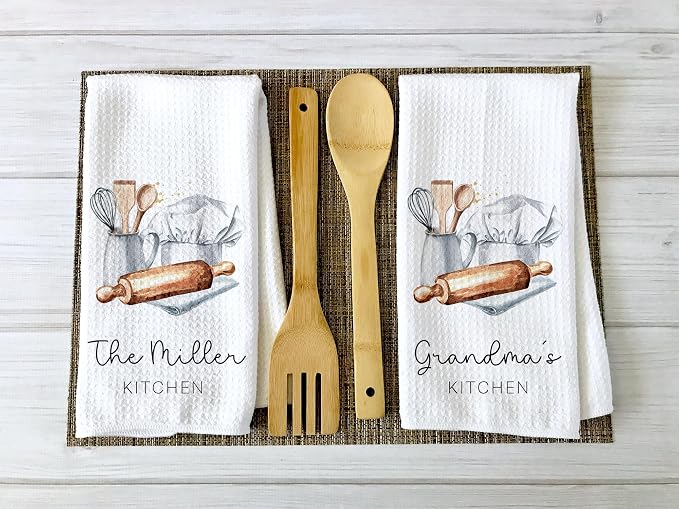 Personalized Kitchen Towel | Custom Tea Towel | Watercolor Utensil Dish Towel | Kitchen Decor | Hand Towel Gift Set | Waffle Weave Dishcloth (Pack of 2 Towels, Design 3) - Image 2
